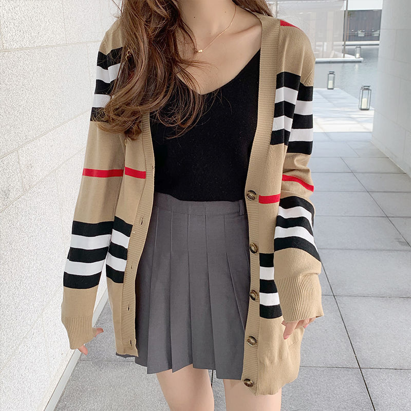 Stripe Colorblock V-Neck Long Knitted Loose Sweater Cardigan