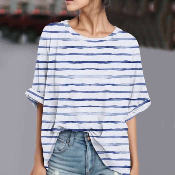 Loose Striped Butterfly Print V-Neck 3/4 Sleeve Top T-Shirt