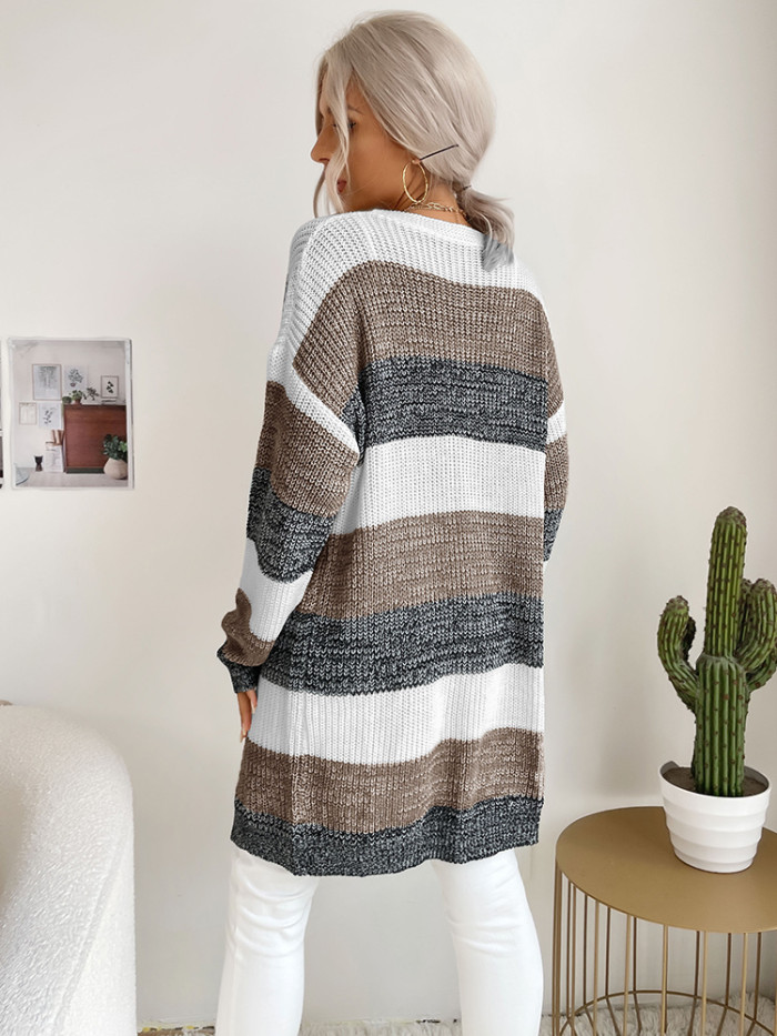 Women Fashion Stripe V-neck Knitted Sweater Cardigan
