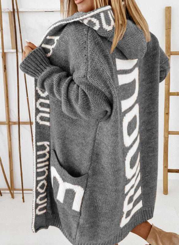 Women's Knitted Cardigan Hooded Letter Sweater Long Sleeve Sweater Coat