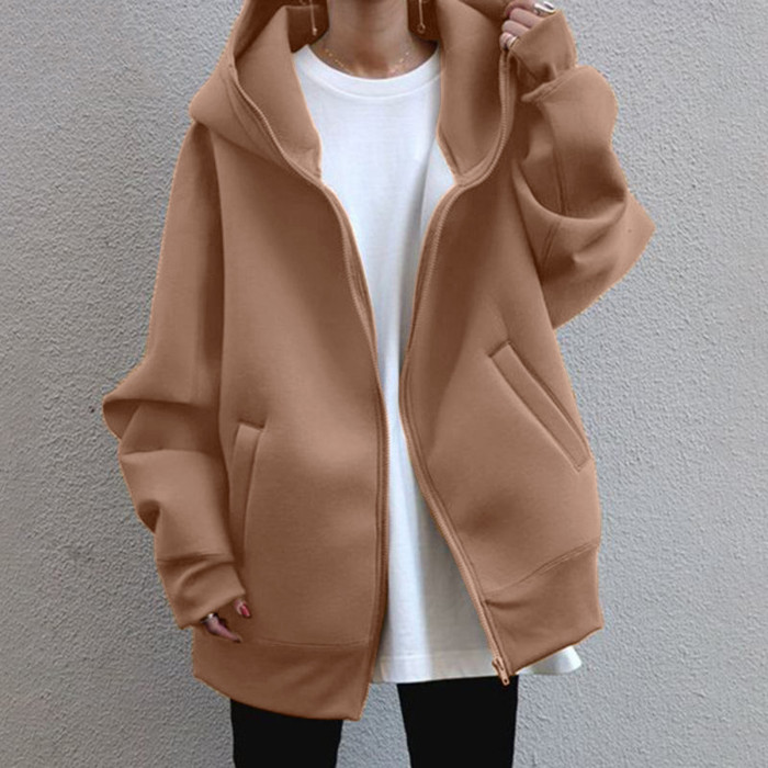 Women Zip Solid Color Hoodie Warm Long Jacket