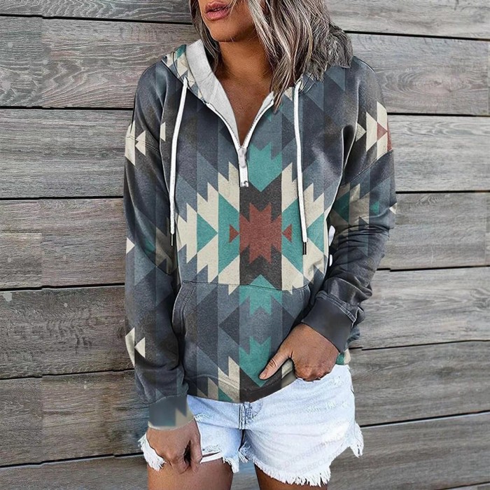 Women Fashion Zip Vintage Print Hoodies