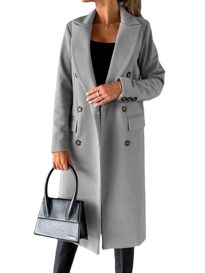 Women Long sleeved Solid Color Double breasted Coat