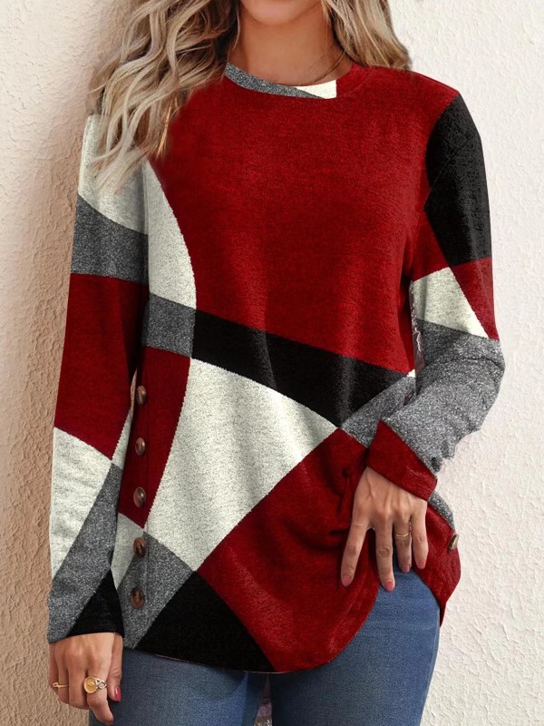 Women Casual Long Sleeve Buttons Casual Crewneck Sweatshirts