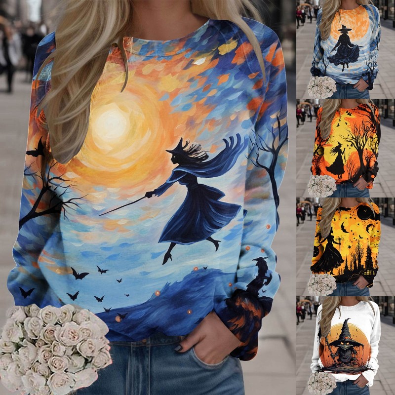 Women Halloween Round Neck Loose Pullover Comfortable Long Sleeve Print Sweatshirt