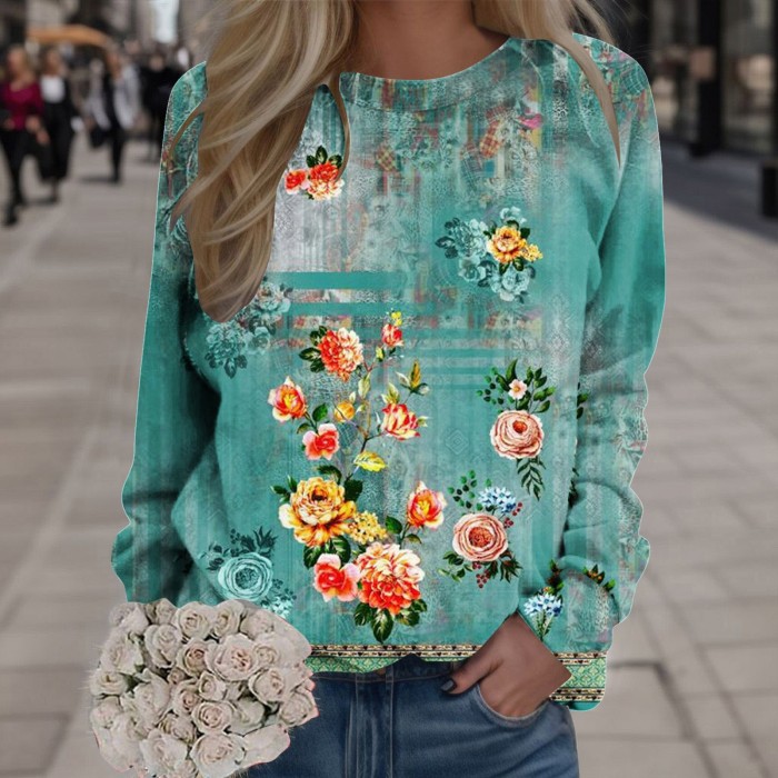 Women Boho Print Round Neck Loose Fit Pullover Casual Long Sleeve Sweatshirts