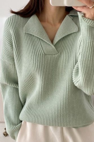 Women Oversize V-neck Long-sleeved Pullovers Knitted Solid Sweater