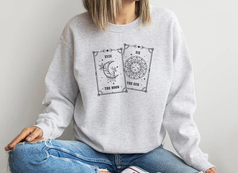 The Sun And Moon Tarot Cards Print Cotton Vintage Sweatshirt