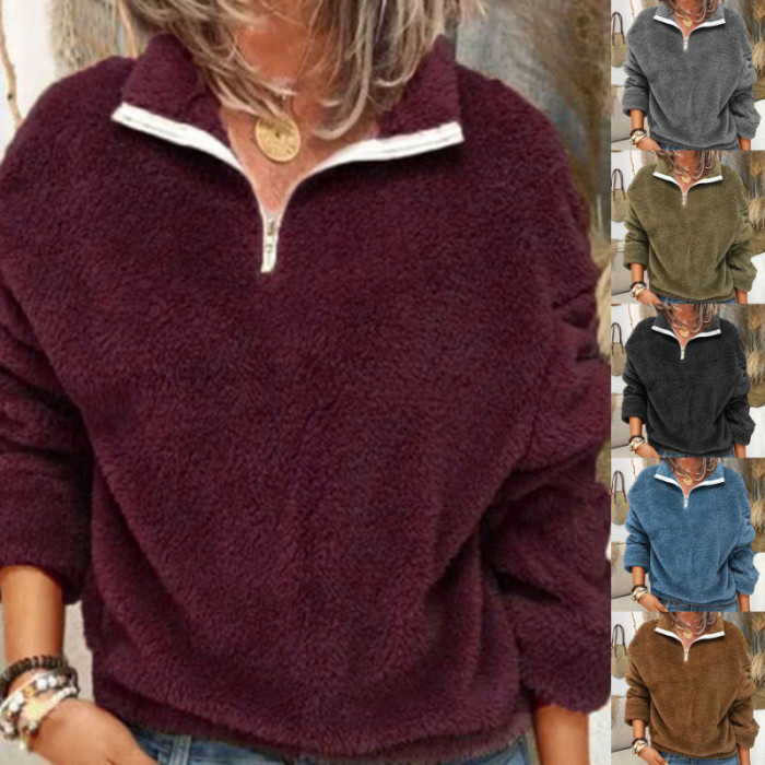Women's Double-sided Fleece Warm Zip Casual Solid Color Sweatshirts