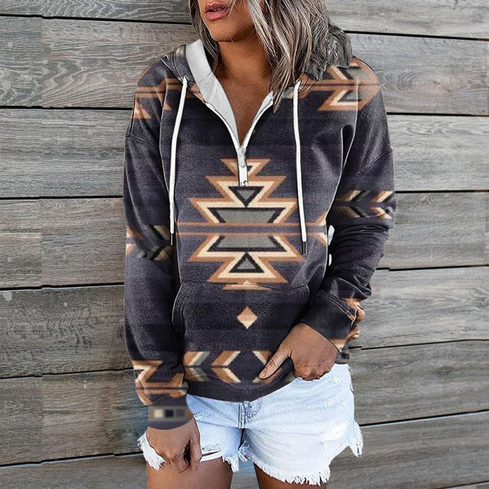 Women's Retro Geometric Sweatshirt Casual Vintage Loose Street Boho Hoodies