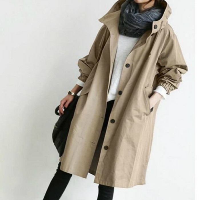 Women Fashion Casual Hooded Loose Windproof Trench Coat