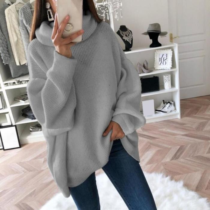 Women Loose Stretchy Knitwear Oversized Turtleneck Pile Collar Pullover Sweater