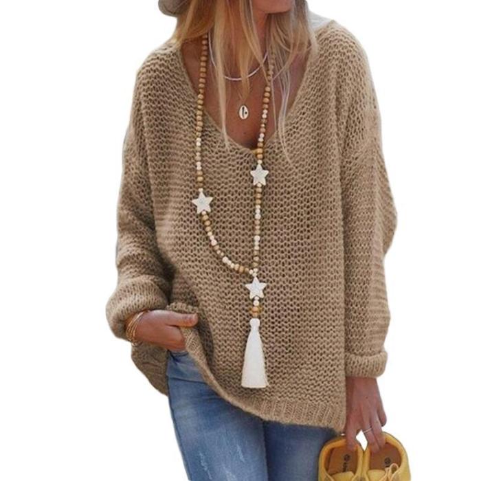 Vintage Fashion V-neck Solid Color Casual Knit Sweater