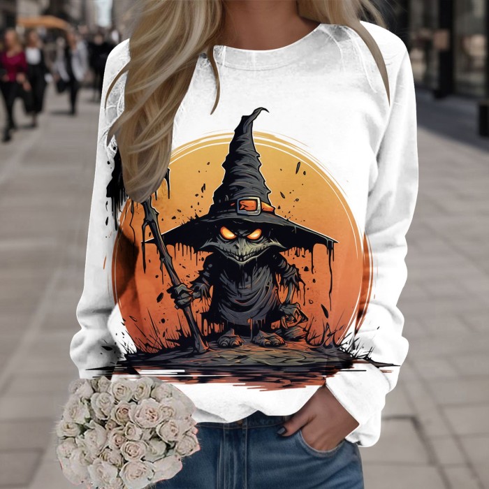 Women Halloween Round Neck Loose Pullover Comfortable Long Sleeve Print Sweatshirt