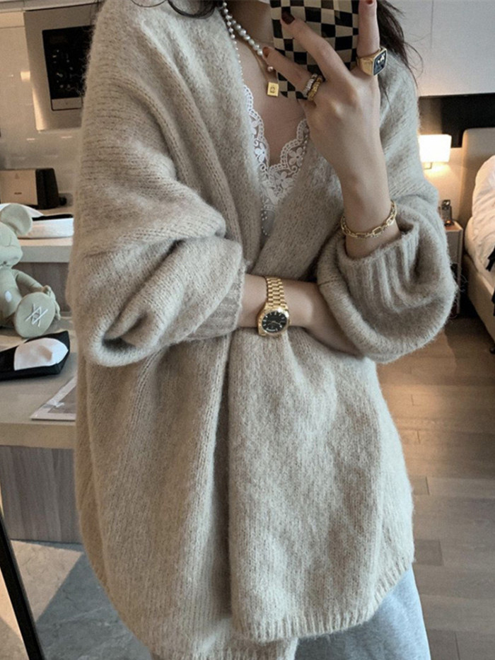 Women Fashion Solid Color Casual Loose Long Sleeve Knitted Sweater Cardigan