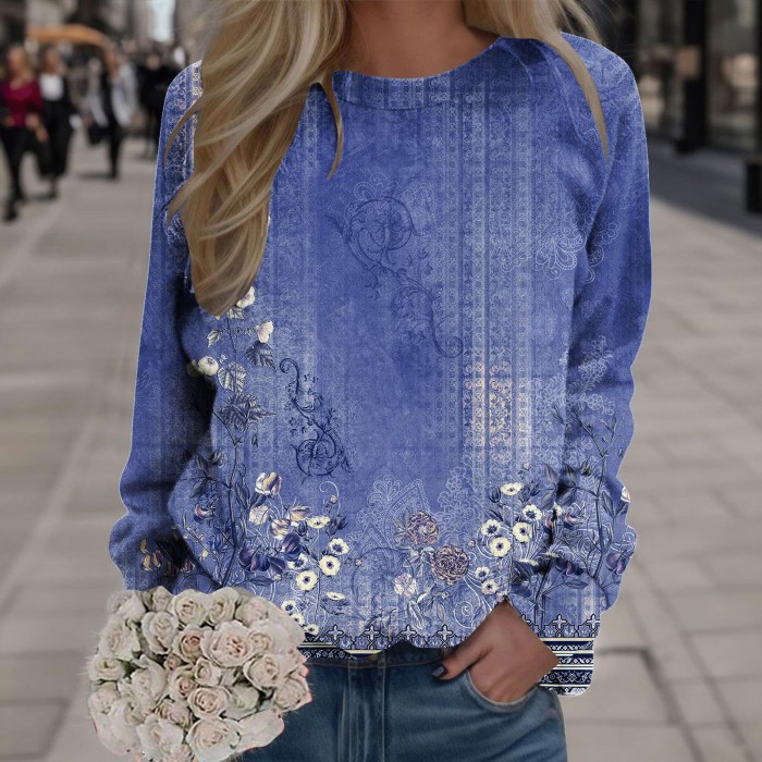 Women Boho Print Round Neck Loose Fit Pullover Casual Long Sleeve Sweatshirts