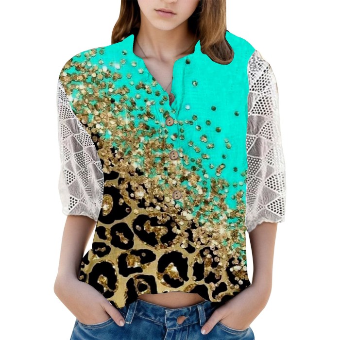 Women Sexy Hollow Out Lace Button V Neck Shirts