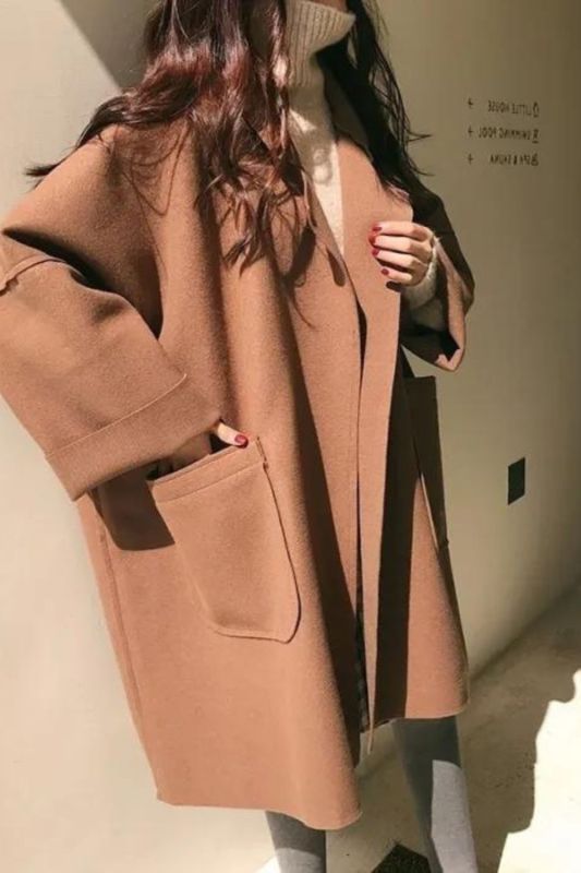 Women Elegant Vintage Mid-Length Loose Turn-Down Collar Plus Size Coat