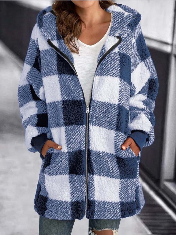 Women Casual Plaid Faux Fur Soft And Cute Coat