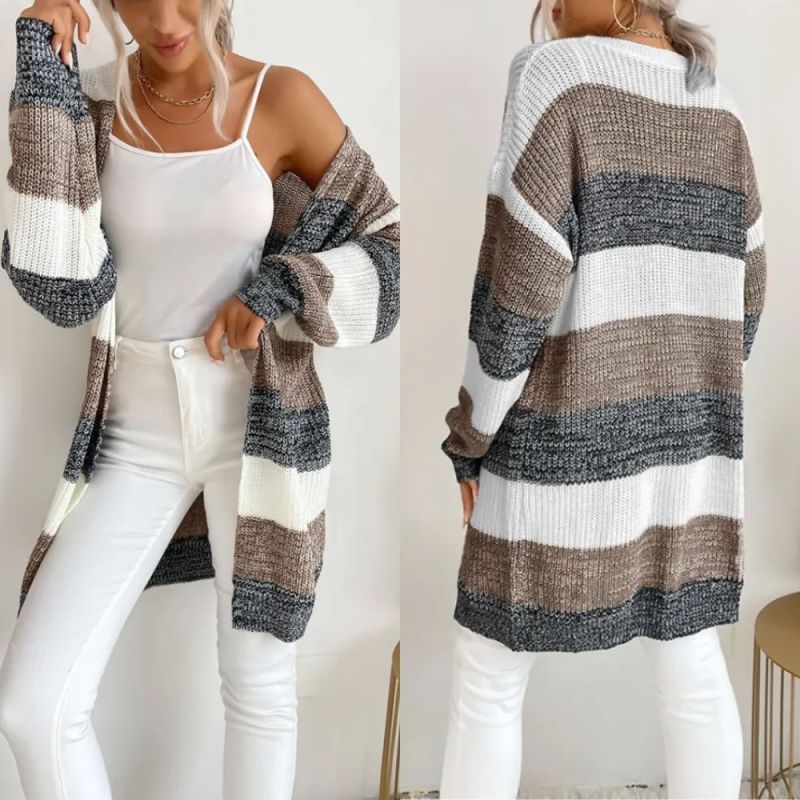 Women Fashion Stripe V-neck Knitted Sweater Cardigan