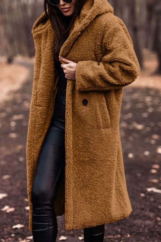 Women Vintage Plush Hooded Fashion Casual Faux Fur Long Coat