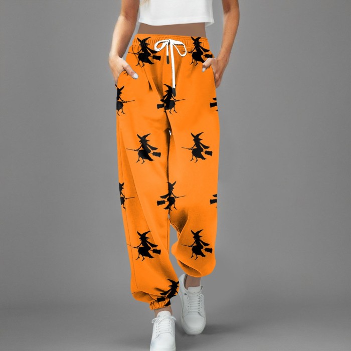 Pink Bat Print Halloween Loose Casual Oversized Trousers