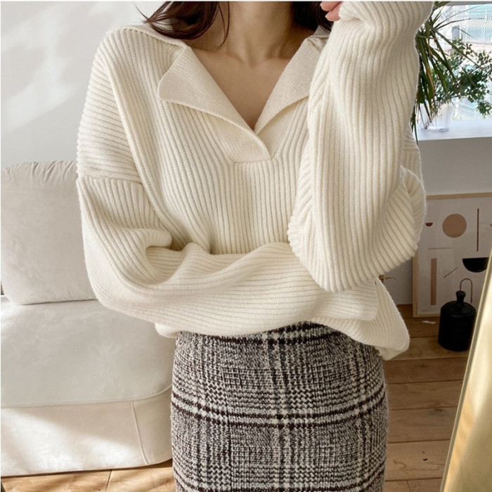 Women Oversize V-neck Long-sleeved Pullovers Knitted Solid Sweater