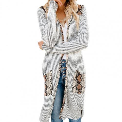Women Long Sleeve Cardigan Leopard Pocket Mid-length Coat