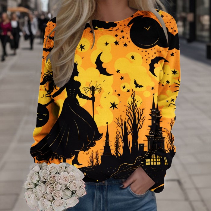 Women Halloween Round Neck Loose Pullover Comfortable Long Sleeve Print Sweatshirt