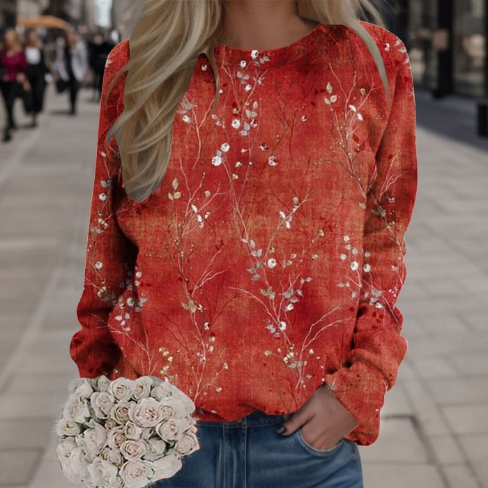Women Boho Print Round Neck Loose Fit Pullover Casual Long Sleeve Sweatshirts