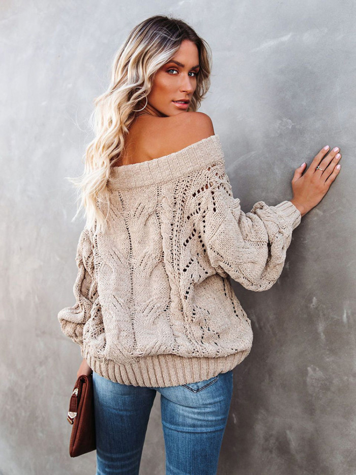 Women Off Shoulder Hollow Out Slim Vintage Knitwear Sweater