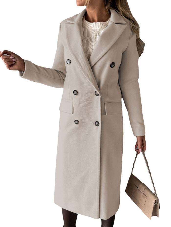 Women Long sleeved Solid Color Double breasted Coat