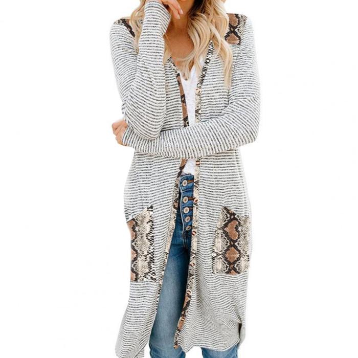 Women Long Sleeve Cardigan Leopard Pocket Mid-length Coat