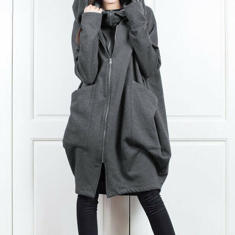 Women Zip Solid Color Hoodie Warm Long Jacket