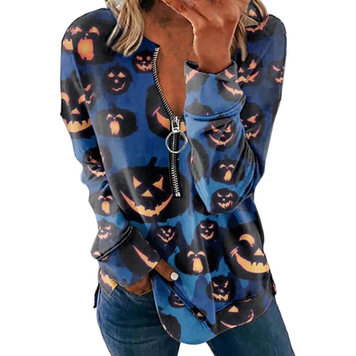 Women Halloween Pumpkin Print Fashion Casual Long Sleeve Zipper Lapel Sweatshirt