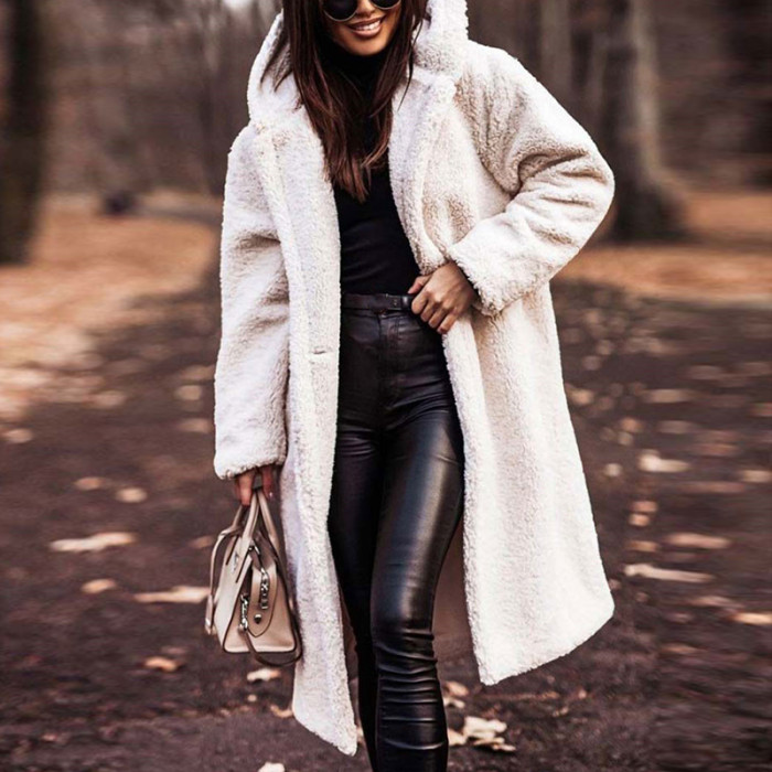 Women Vintage Plush Hooded Fashion Casual Faux Fur Long Coat