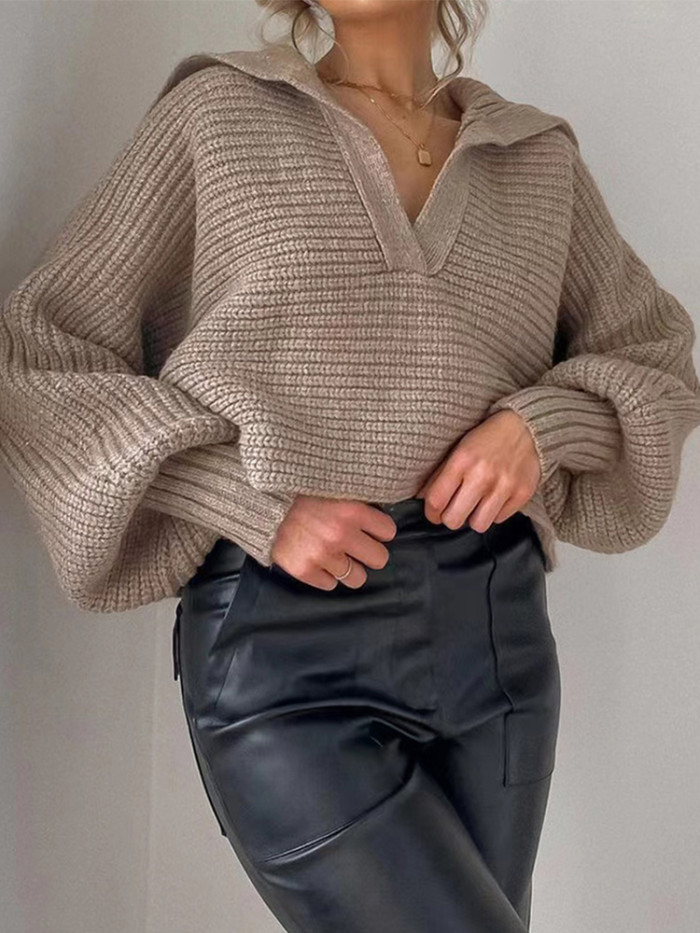 Retro Knitted V Neck Loose Casual Long-Sleeved Sweater