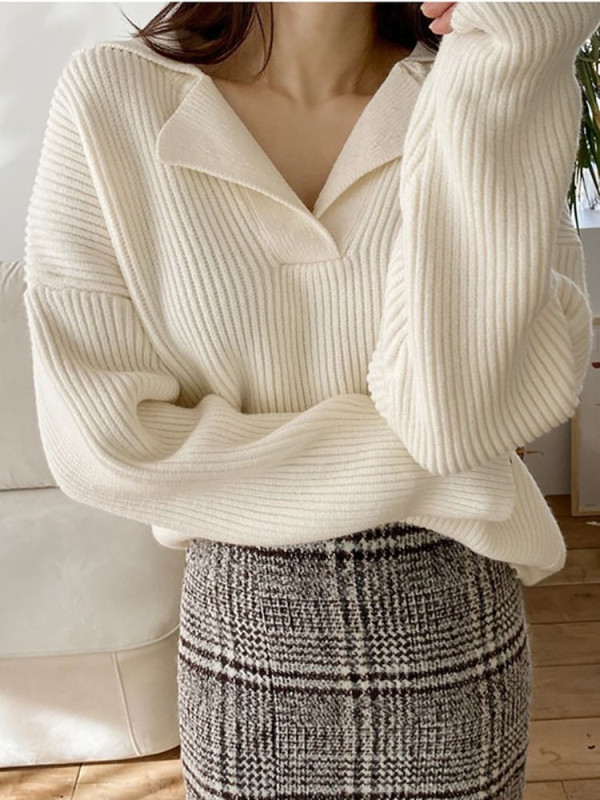 Women V-neck Long-sleeved Oversize Solid Knitted Loose Sweater