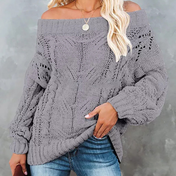 Women Off Shoulder Hollow Out Slim Vintage Knitwear Sweater
