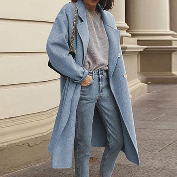 Women's Solid Street Wool Double-breasted Coat