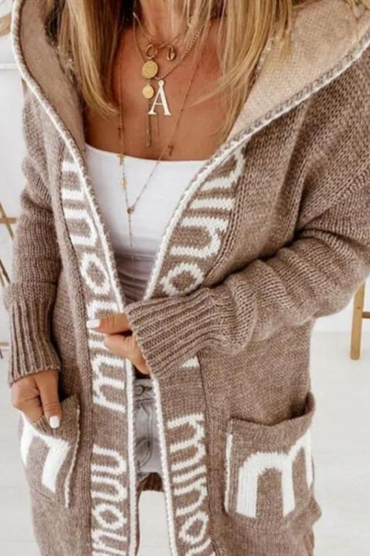 Women's Knitted Cardigan Hooded Letter Sweater Long Sleeve Sweater Coat