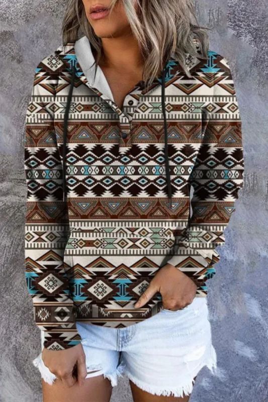 Womens Fashion Print Sweatshirt Button Hoodies