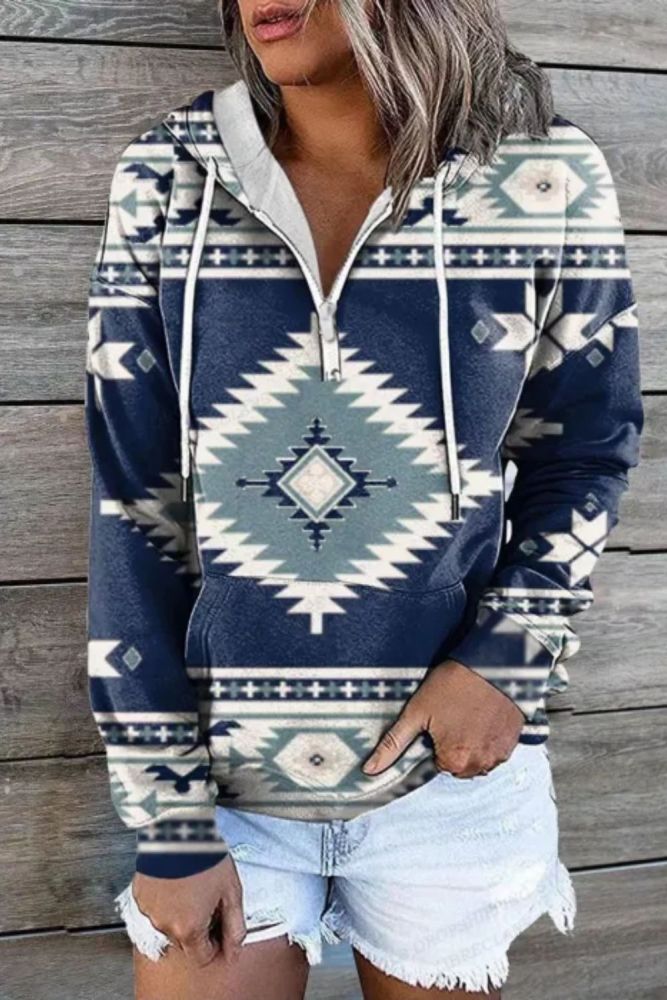 Women Fashion Zip Vintage Print Hoodies