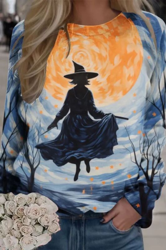 Women Halloween Round Neck Loose Pullover Comfortable Long Sleeve Print Sweatshirt