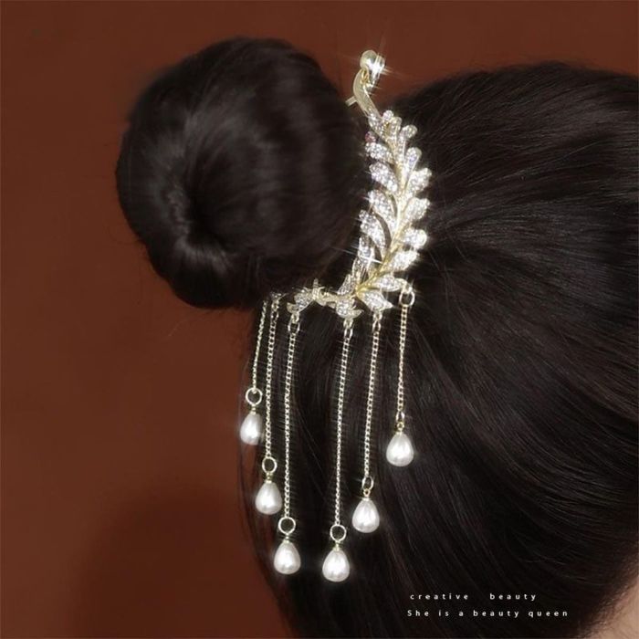 Women's Temperament Elegant Rhinestone Pearl Tassel Horsetail Tassel Hair Clip