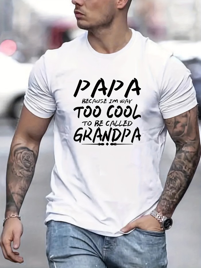 Papa & Grandpa Letter Print Men's T-shirt, Crew Neck Short Sleeve Tops, Graphic Tee Men's Summer Clothes, Men's Outfits