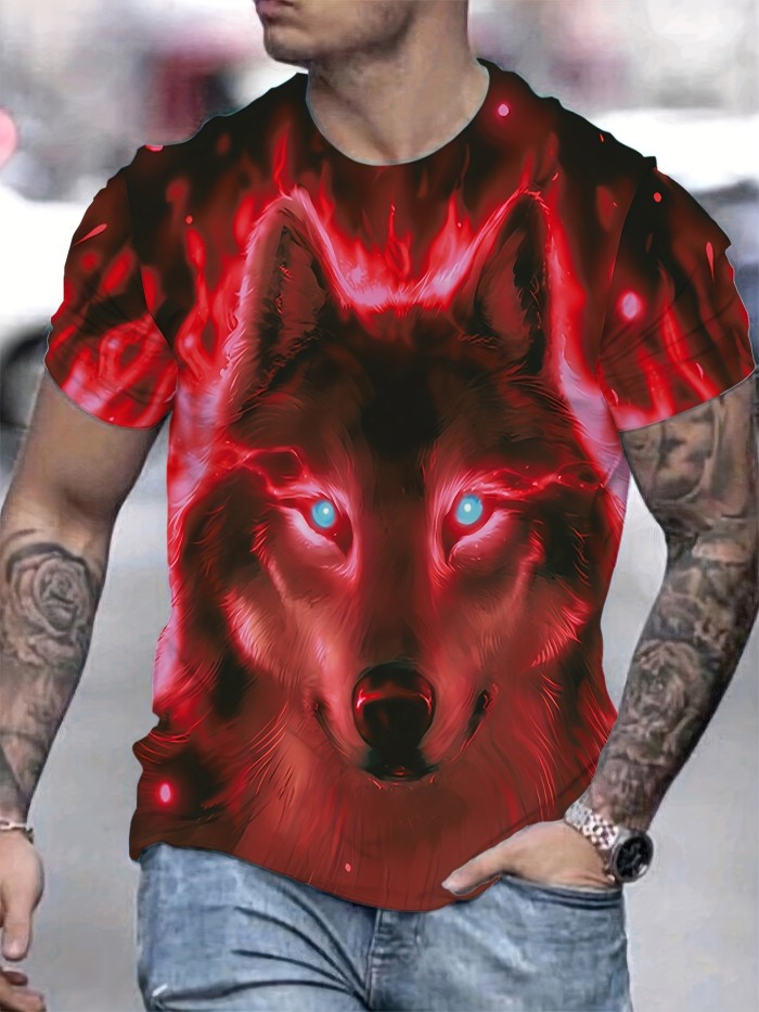 3D Print Blue Wolf Men's T-shirt For Summer Outdoor, Casual Slightly Stretch Crew Neck Tee Short Sleeve Graphic Stylish Top