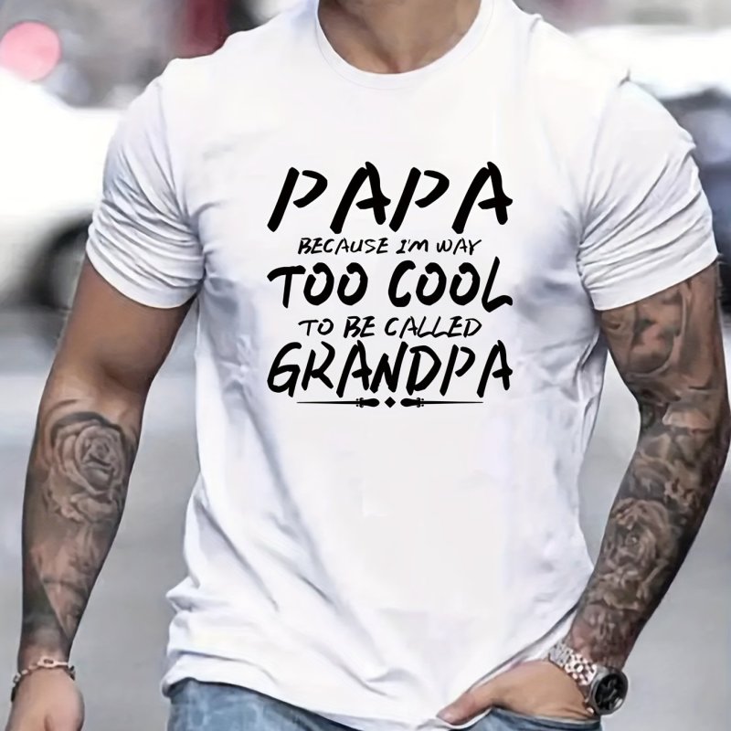 Papa & Grandpa Letter Print Men's T-shirt, Crew Neck Short Sleeve Tops, Graphic Tee Men's Summer Clothes, Men's Outfits