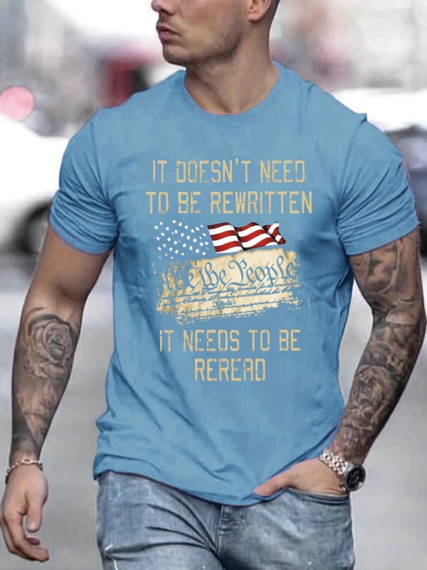 American Flag & Slogan Pattern Print Men's T-shirt, Graphic Tee Men's Summer Clothes, Men's Outfits