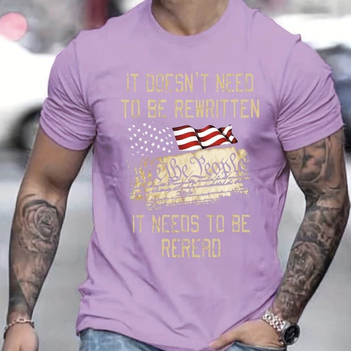 American Flag & Slogan Pattern Print Men's T-shirt, Graphic Tee Men's Summer Clothes, Men's Outfits
